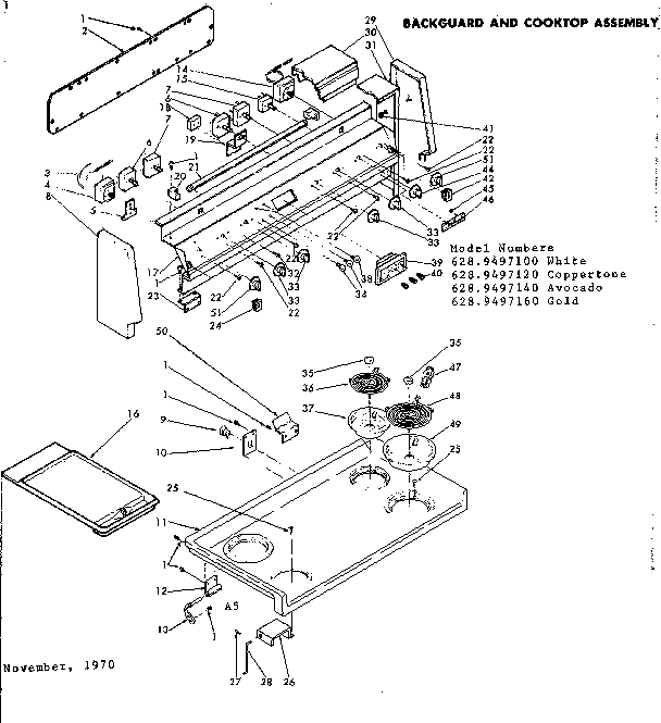 Kenmore 6289497160 backguard and cooktop assembly diagram