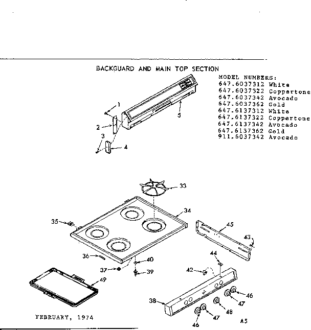 Kenmore 6476037312 backguard and main top section diagram