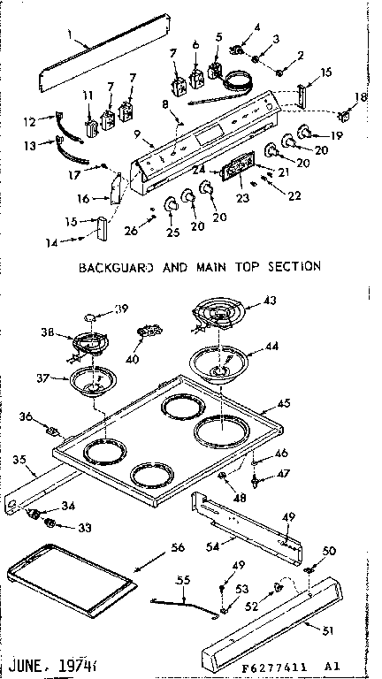 Kenmore 6476277441 backguard and main top section diagram