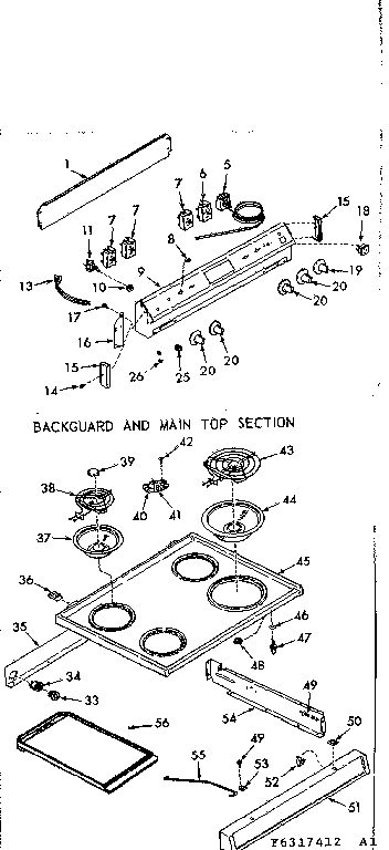 Kenmore 6476317462 backguard and main top section diagram