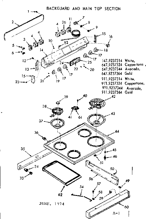 Kenmore 9119237364 backguard and main top section diagram