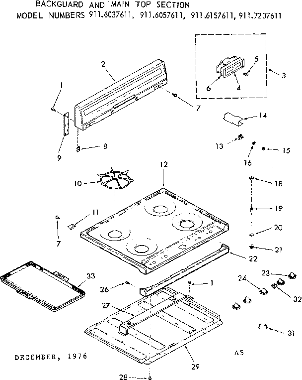 Kenmore 9116057611 backguard and main top section diagram