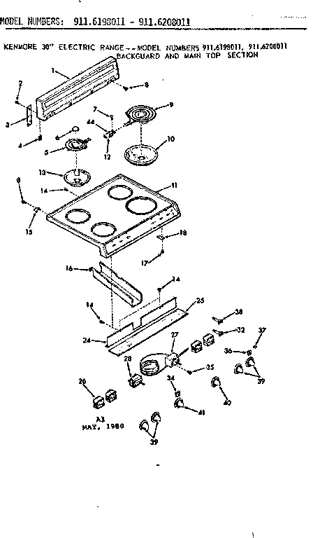 Kenmore 9116198011 backguard and main top section diagram