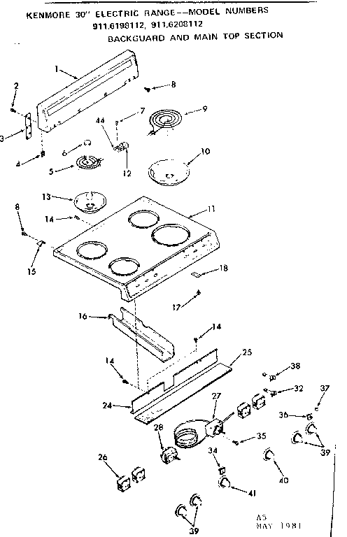 Kenmore 9116208112 backguard and main top section diagram