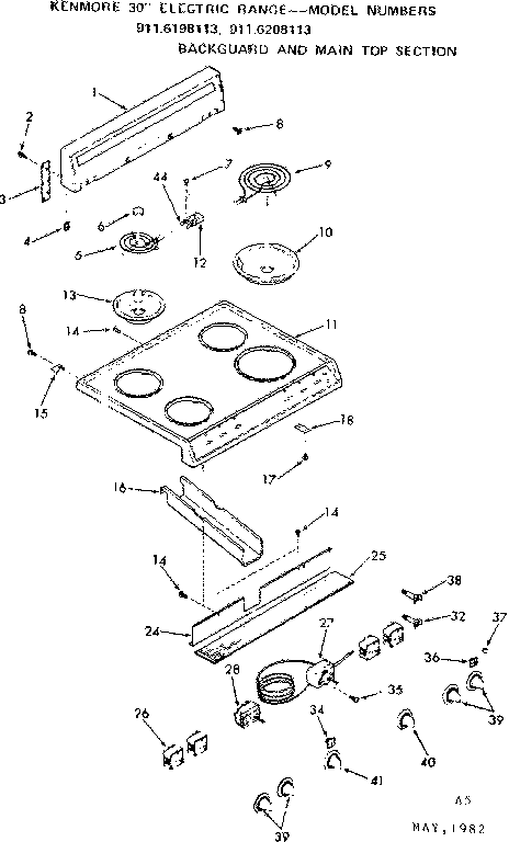 Kenmore 9116198113 backguard & main top section diagram