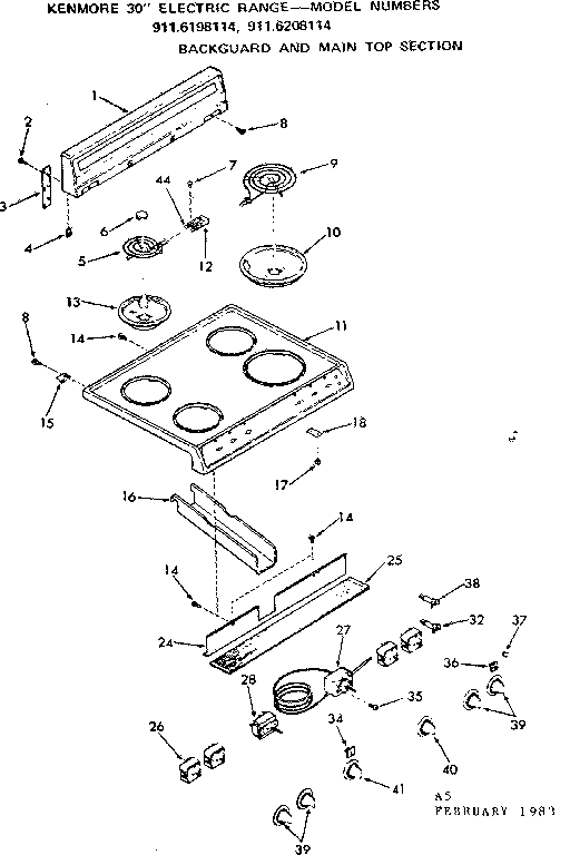 Kenmore 9116198114 backguard and main top section diagram