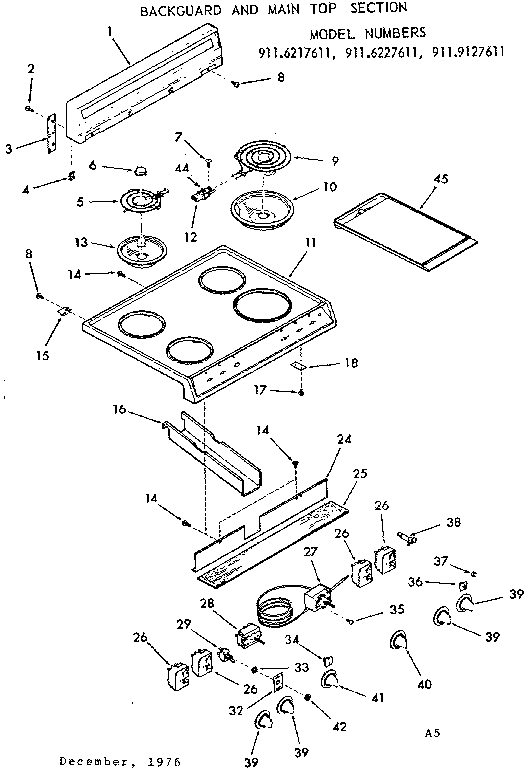 Kenmore 9116217611 backguard and main top section diagram