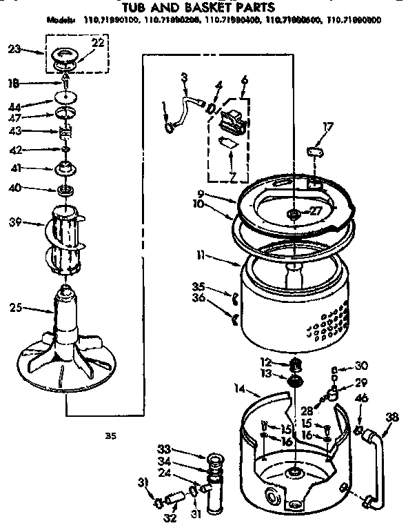 Kenmore 11071990600 tub and basket parts diagram