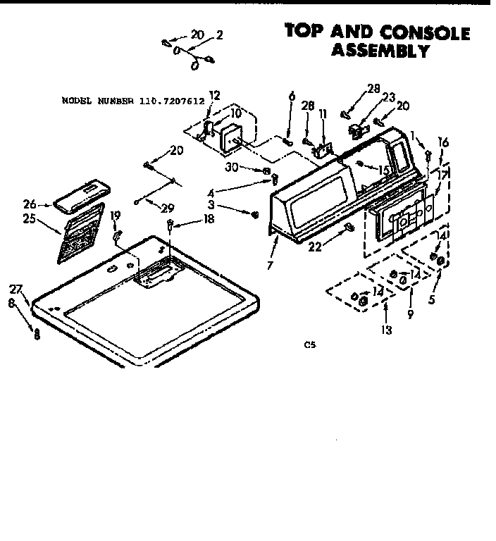 Kenmore 1107207612 top and console assembly diagram