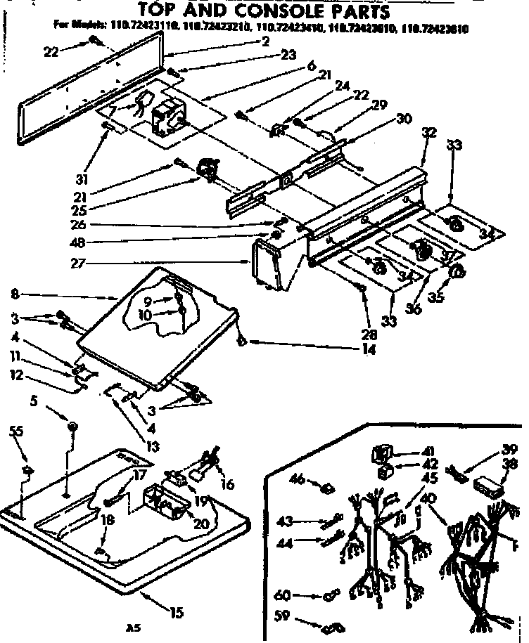 Kenmore 11072423610 top and console parts diagram