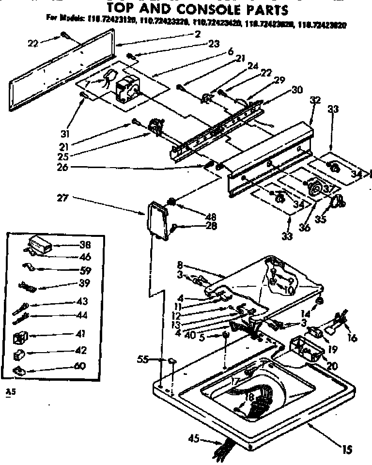 Kenmore 11072423220 top and console parts diagram