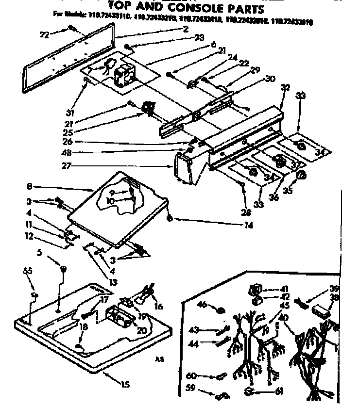 Kenmore 11072433610 top and console parts diagram