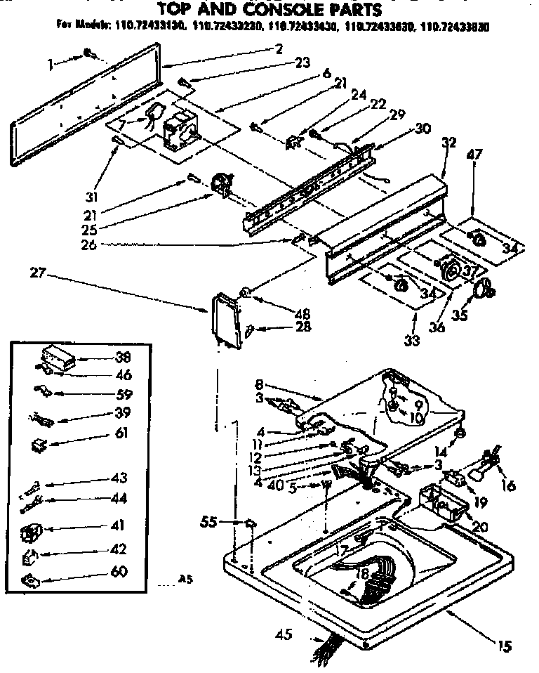 Kenmore 11072433130 top and console parts diagram