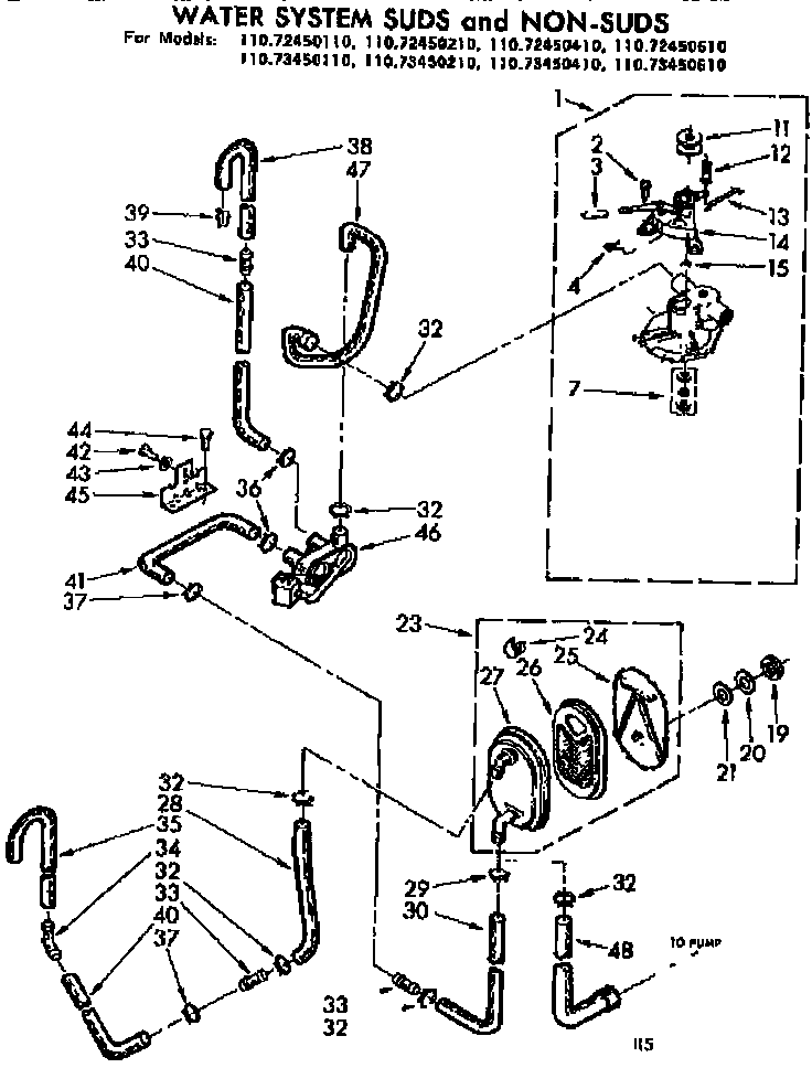 Kenmore 11072450410 water system suds and non-suds diagram
