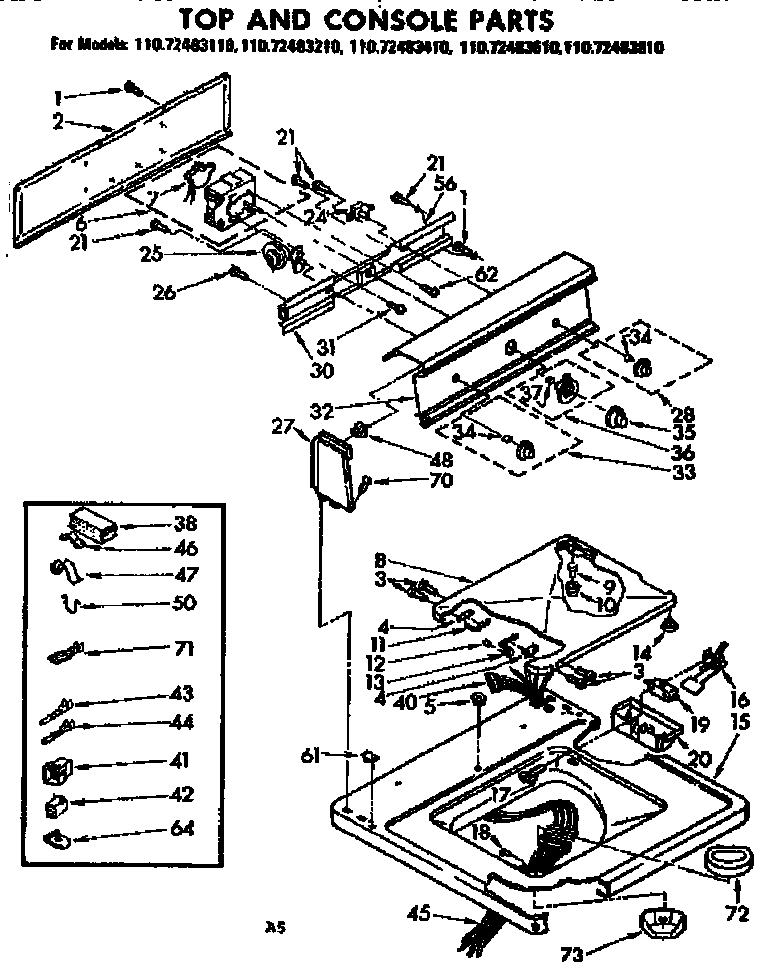 Kenmore 11072483810 top and console parts diagram