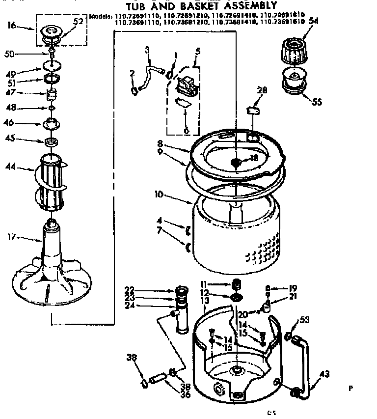 Kenmore 11073691610 tub and basket assembly diagram