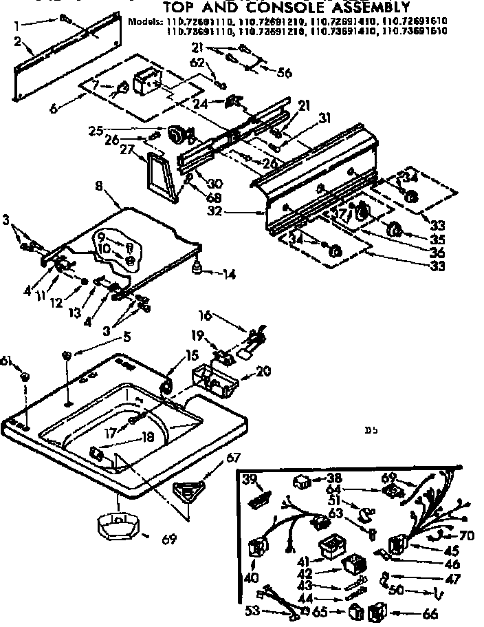 Kenmore 11073691610 top and console assembly diagram