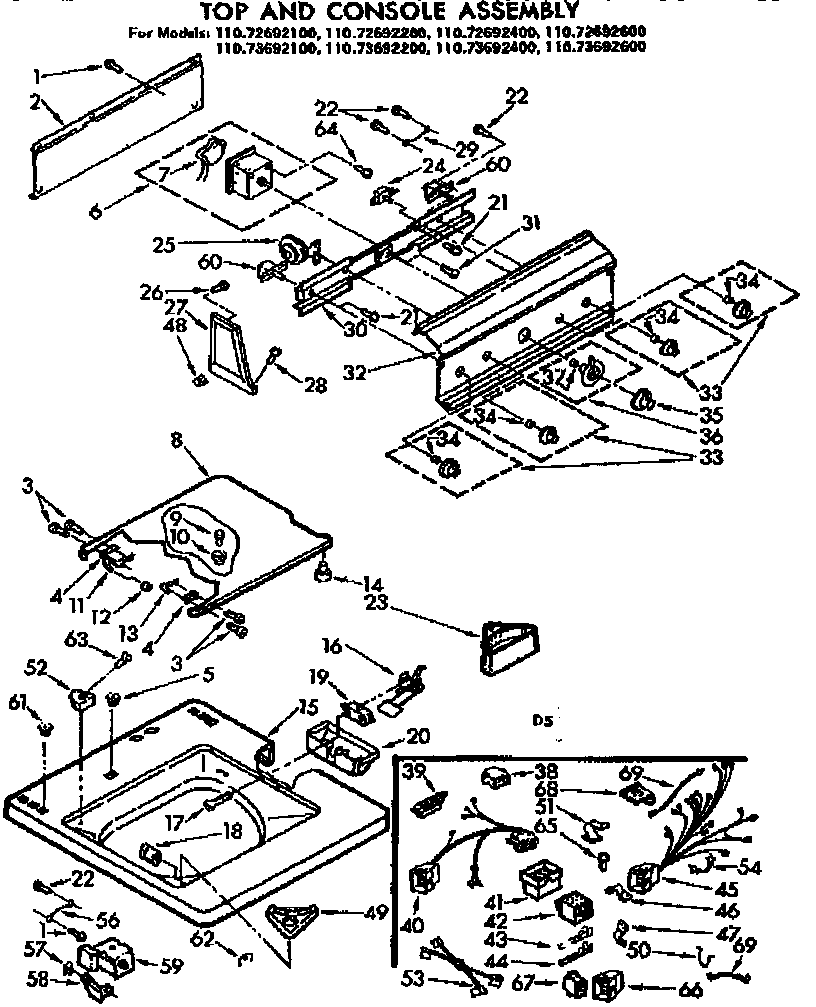 Kenmore 11073692200 top and console assembly diagram