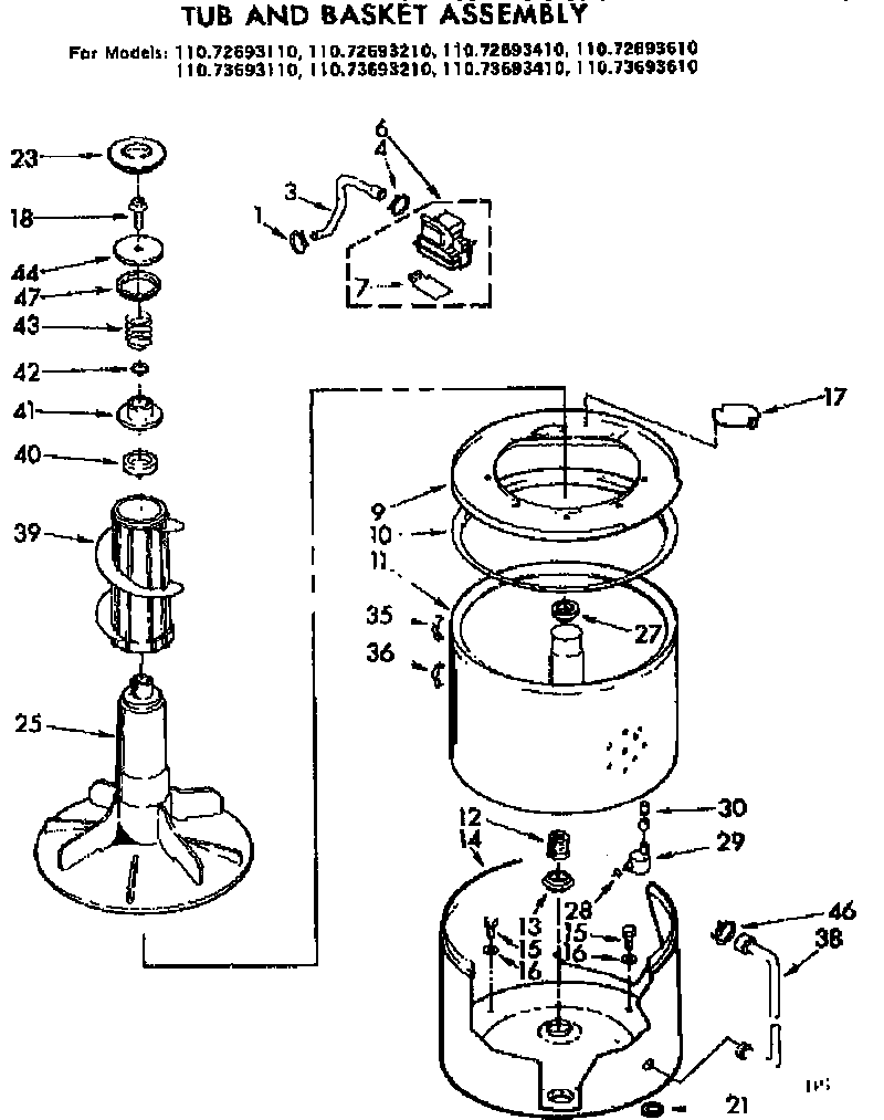 Kenmore 11072693610 tub and basket assembly diagram