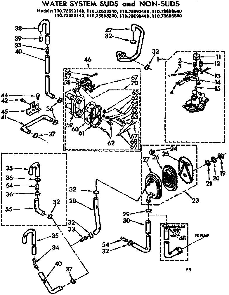 Kenmore 11072693140 water system suds and non-suds diagram