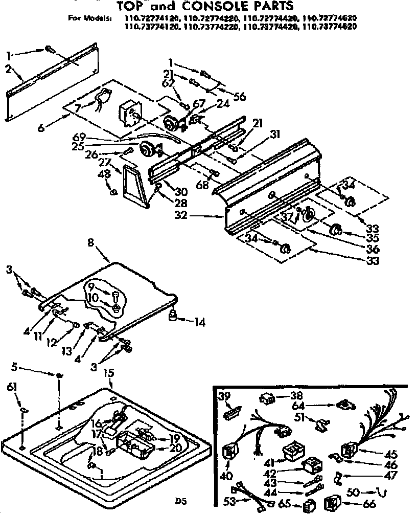 Kenmore 11073774120 top and console parts diagram