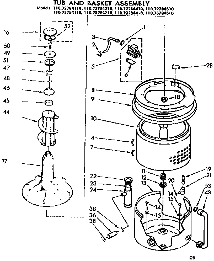 Kenmore 11073784410 tub and basket assembly diagram
