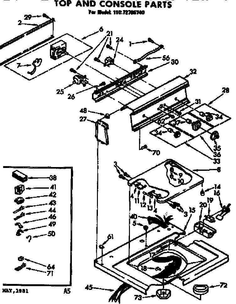 Kenmore 11072785740 top and console parts diagram