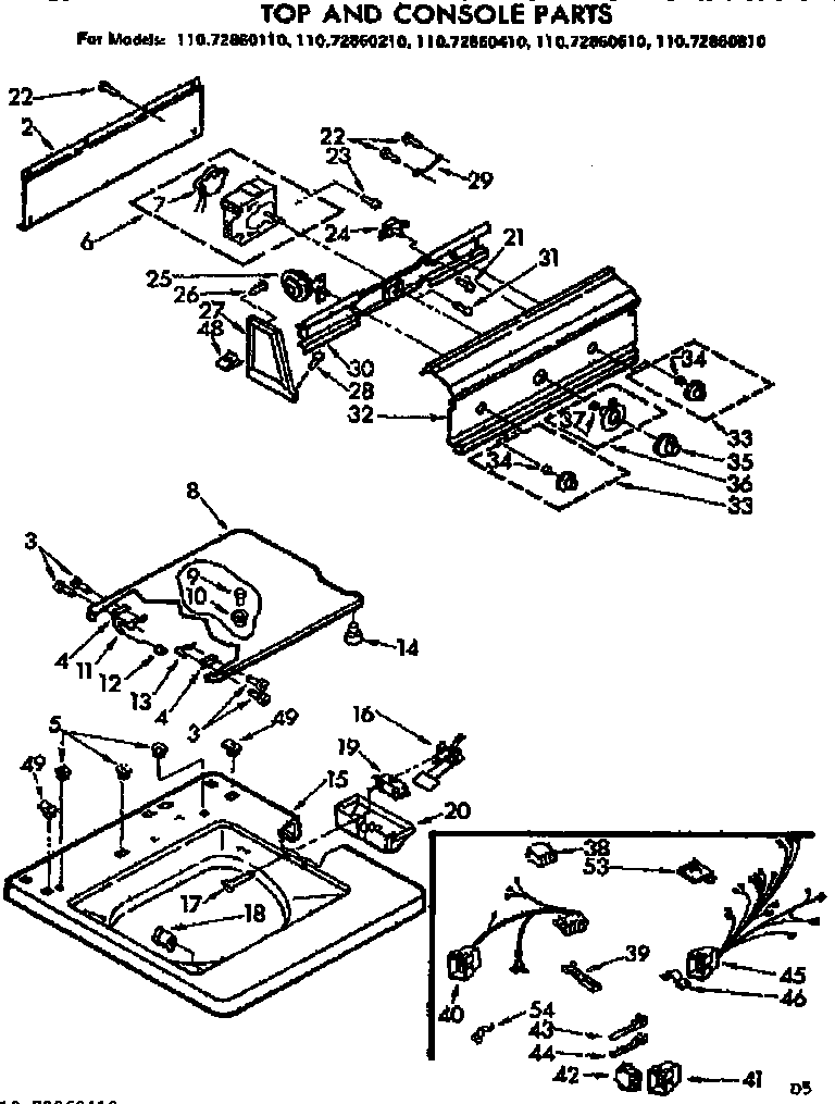 Kenmore 11072860810 top and console parts diagram