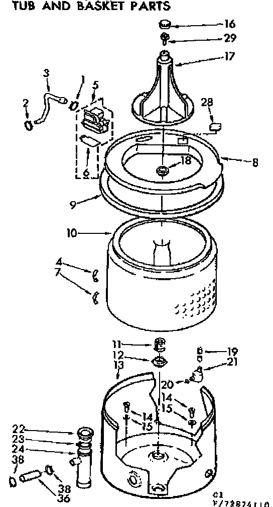 Kenmore 11073874410 tub and basket parts diagram