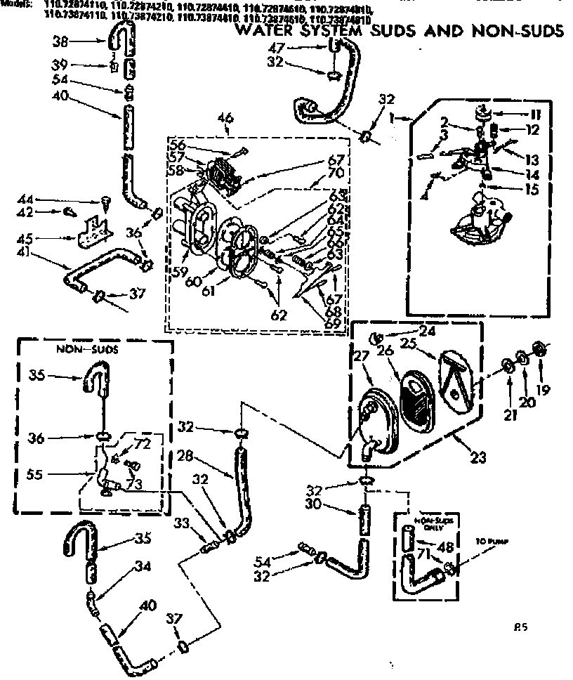 Kenmore 11073874410 water system suds and non-suds diagram