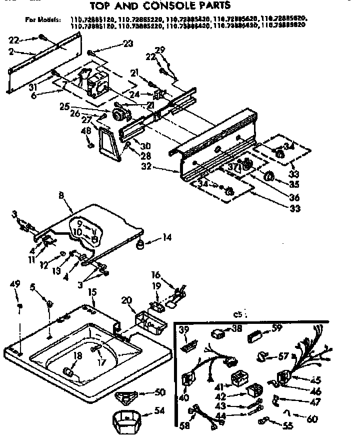 Kenmore 11072885620 top and console parts diagram