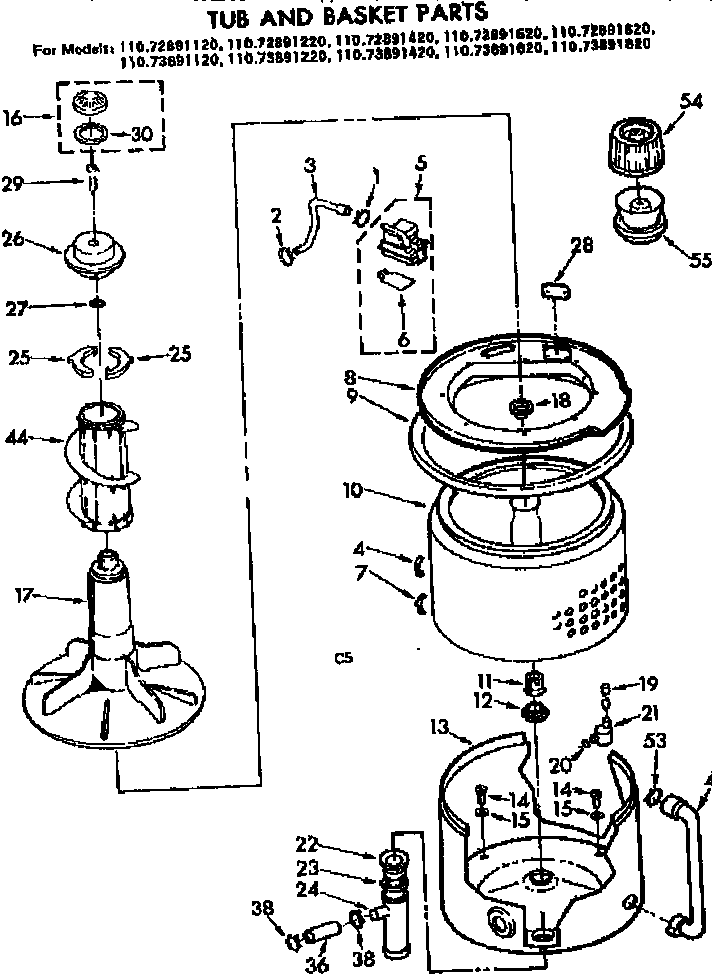 Kenmore 11072891620 tub and basket parts diagram