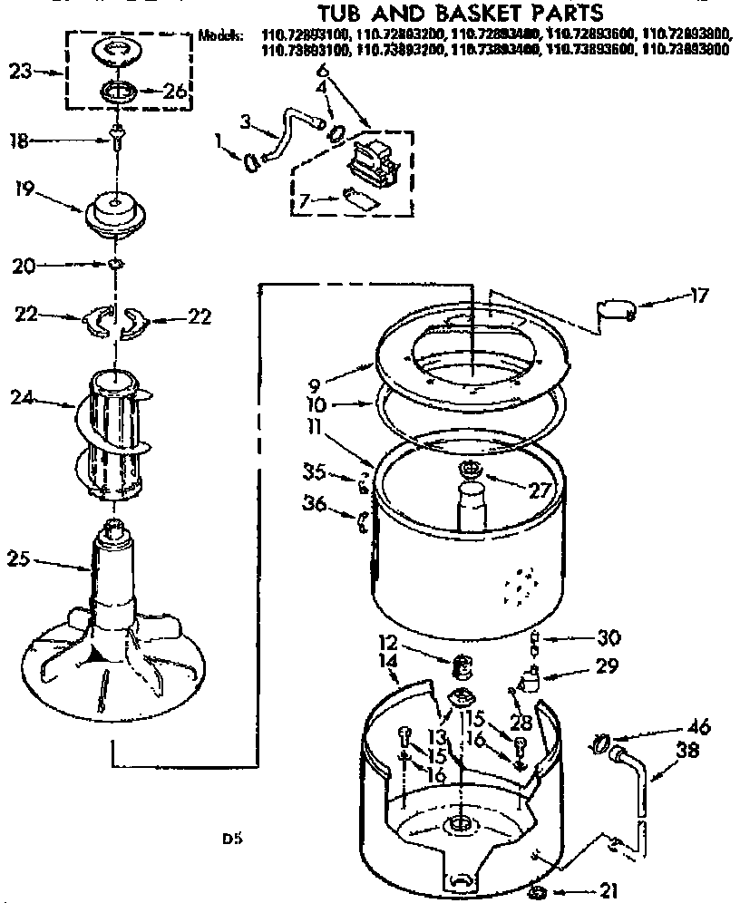 Kenmore 11073893800 tub and basket parts diagram