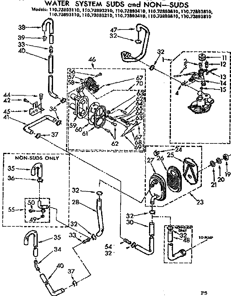 Kenmore 11073893610 water system suds and non-suds diagram