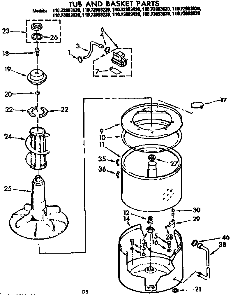 Kenmore 11073893120 tub and basket parts diagram