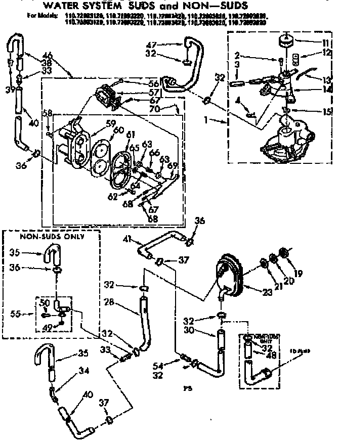 Kenmore 11073893120 water system suds and non-suds diagram