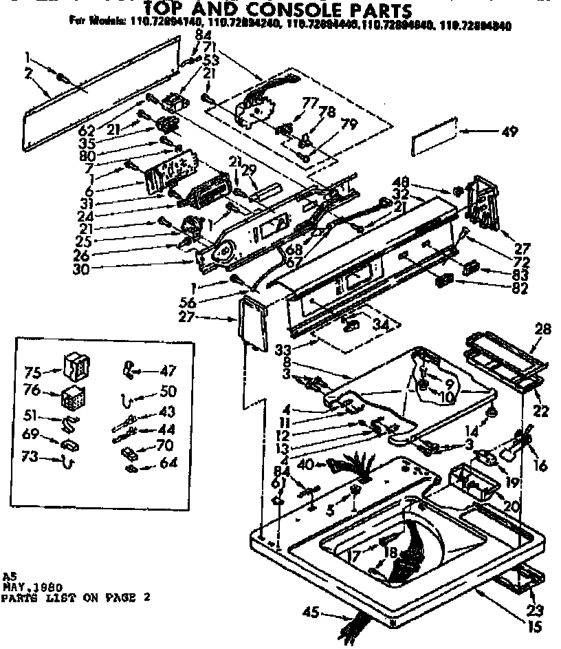 Kenmore 11072894240 top and console parts diagram