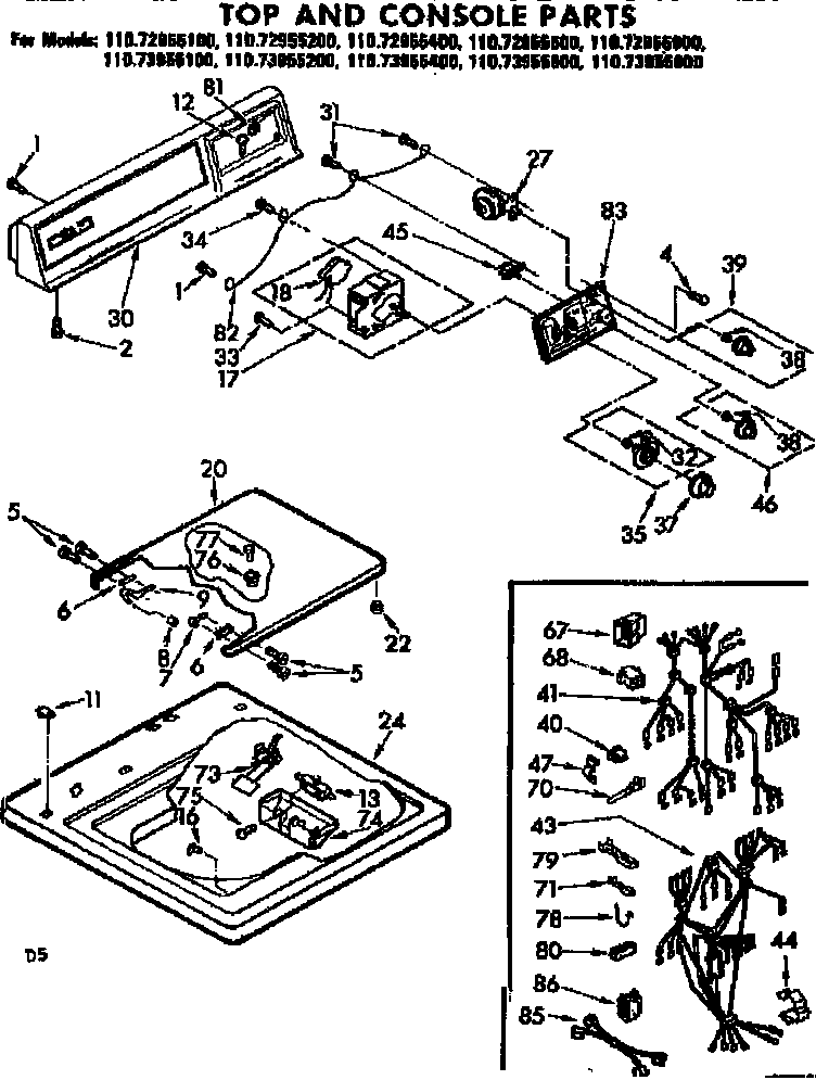 Kenmore 11073955200 top and console parts diagram