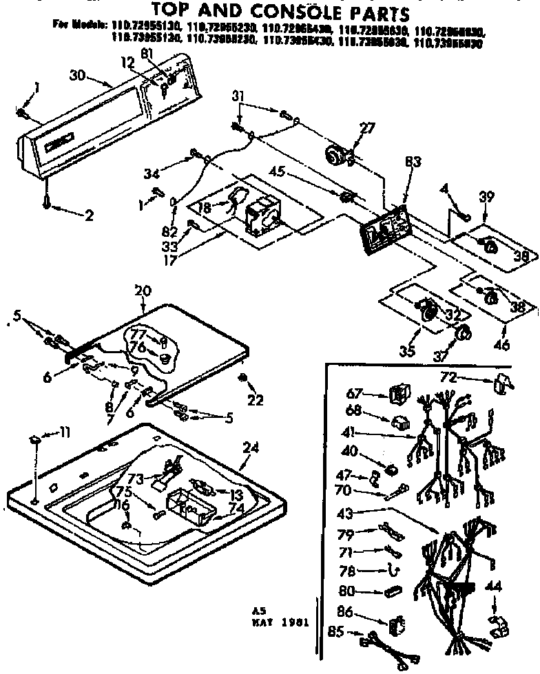Kenmore 11072955230 top and console parts diagram