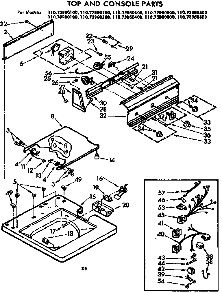 Kenmore 11072960600 top and console parts diagram