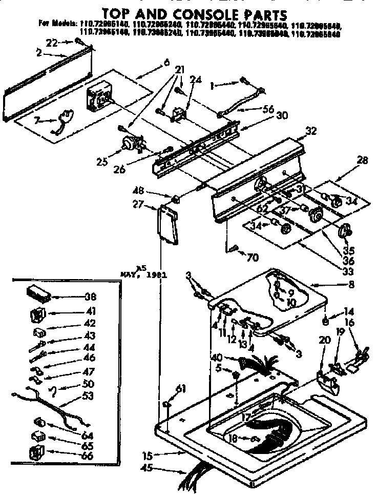Kenmore 11072965840 top and console parts diagram