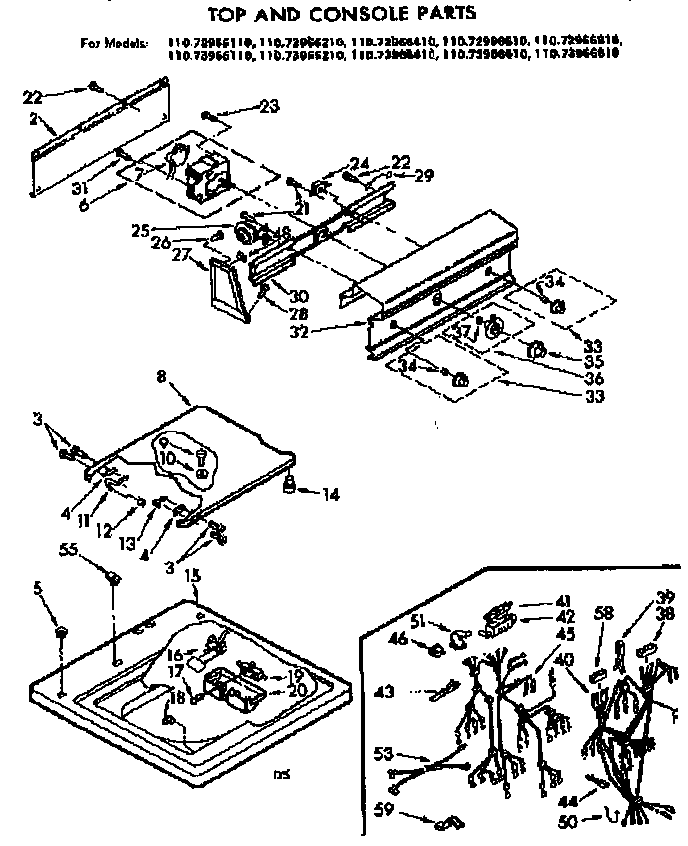 Kenmore 11072966410 top and console parts diagram