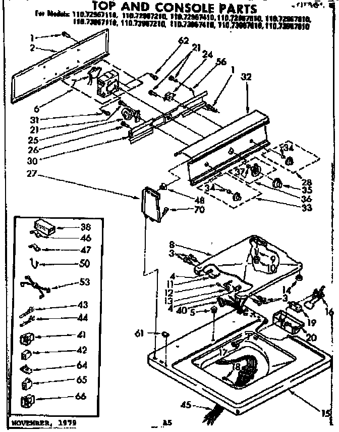 Kenmore 11072967610 top and console parts diagram