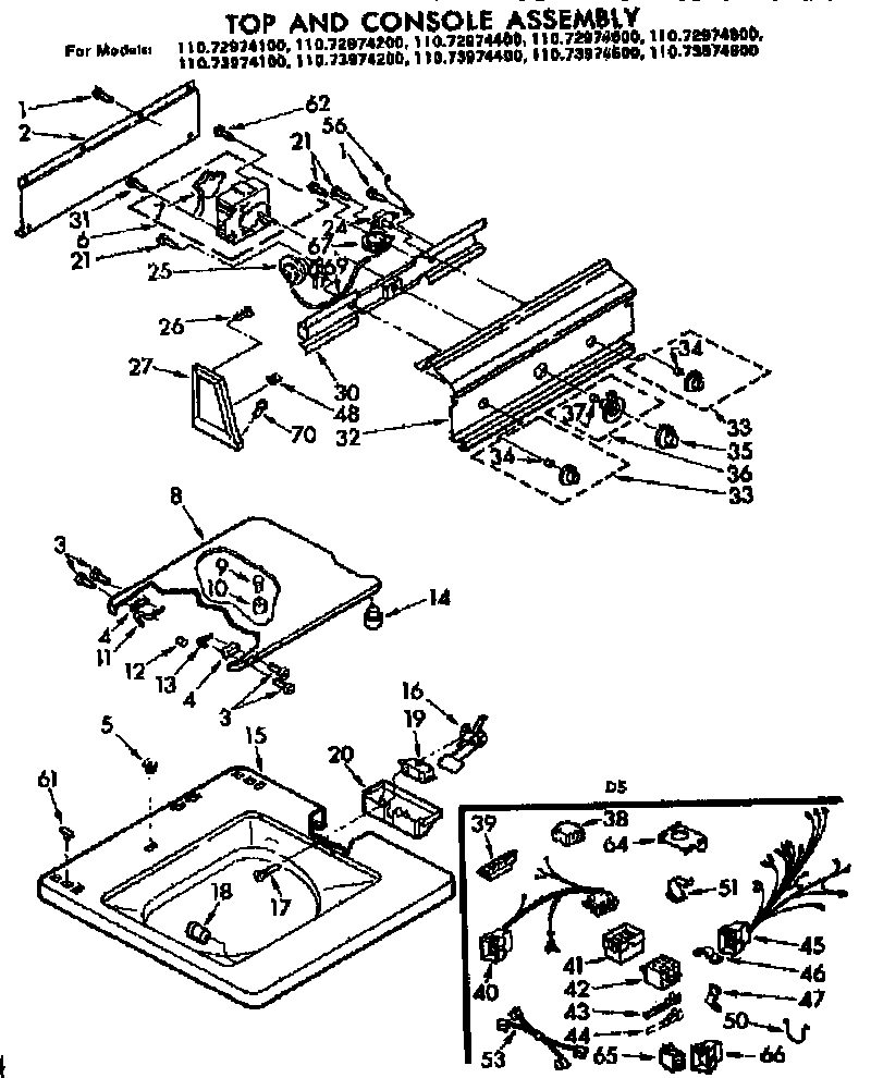 Kenmore 11073974200 top and console parts diagram