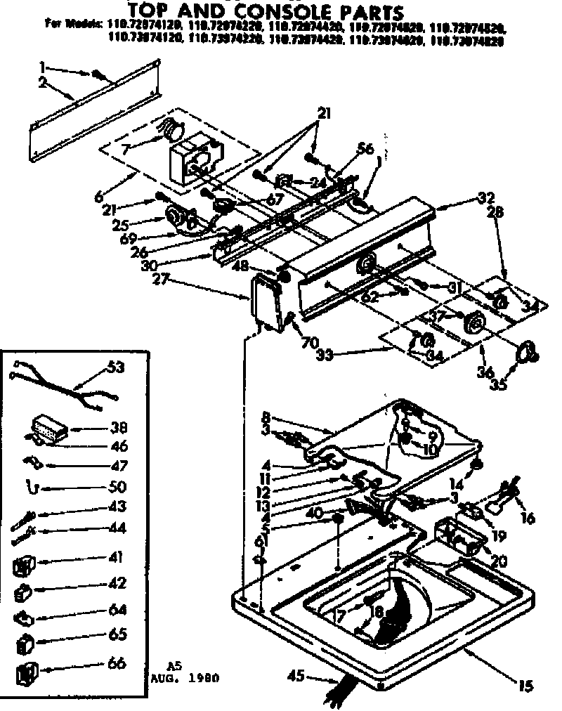 Kenmore 11073974220 top and console parts diagram