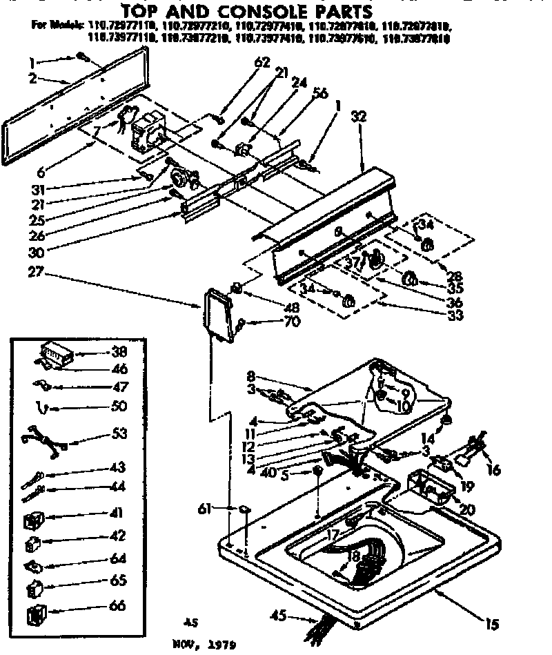 Kenmore 11073977610 top and console parts diagram