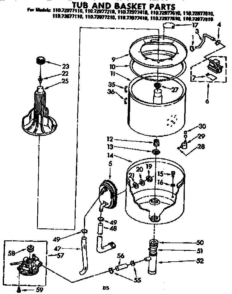 Kenmore 11073977610 tub and basket parts diagram
