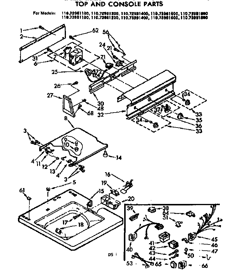 Kenmore 11073981400 top and console parts diagram