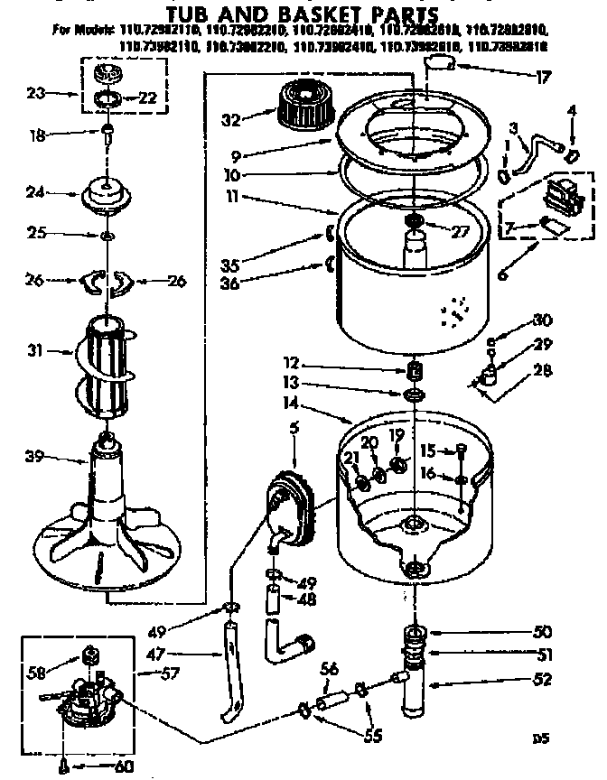 Kenmore 11072982110 tub and basket parts diagram