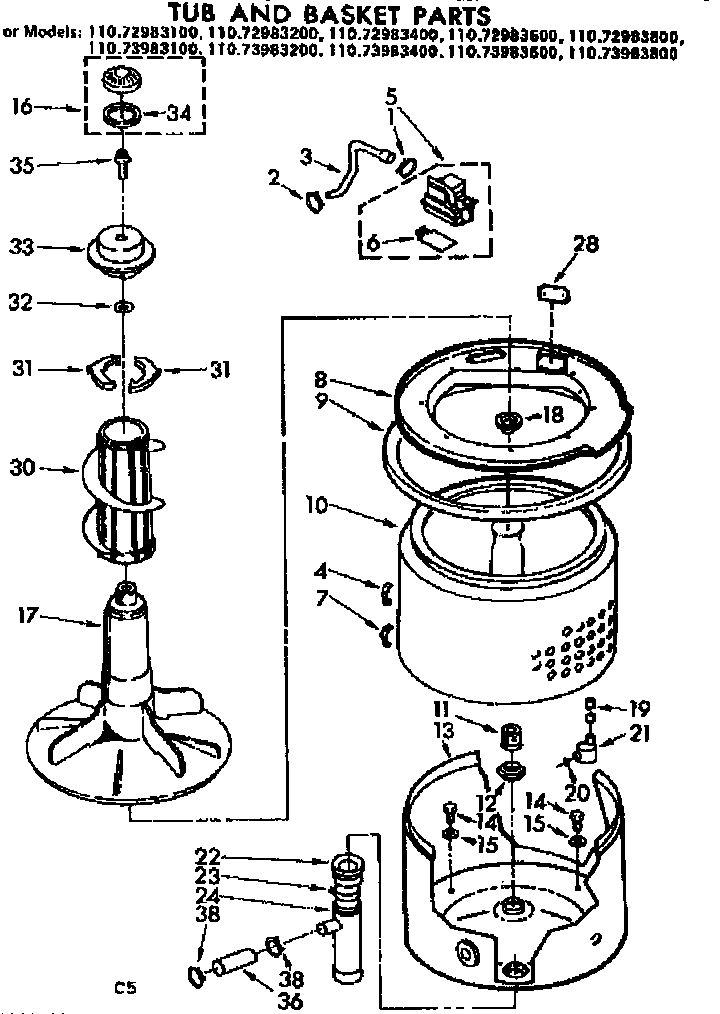 Kenmore 11072983400 tub and basket parts diagram